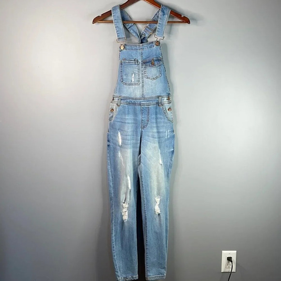 CI SONO Denim Overalls Distressed Jean Blue Light Adjustable 90s Vibe Boho S - Picture 2 of 13